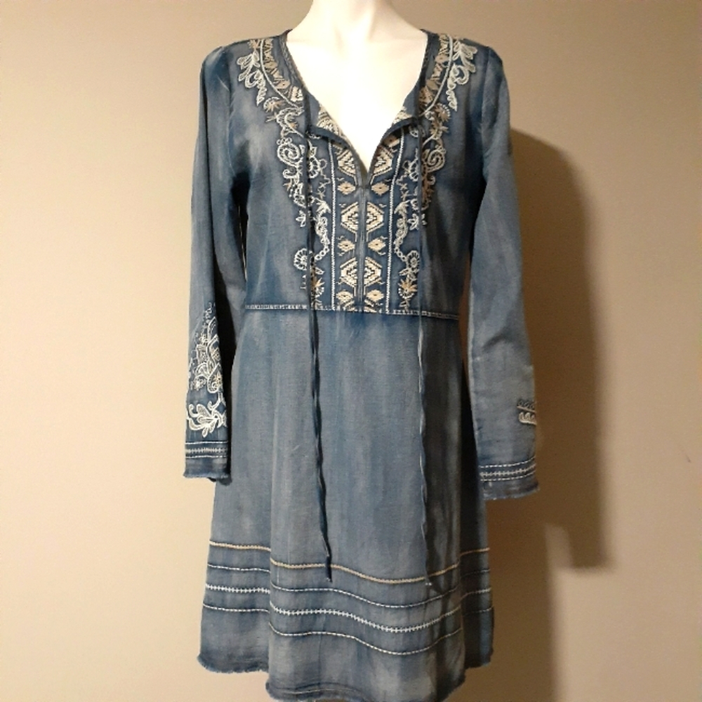 Monoreno Sz L Chambray Denim Embroidered Tunic Dress Shift A Line Blue